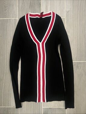 Yoki Black V-Neck Sweater with Red and White Stripe Trim